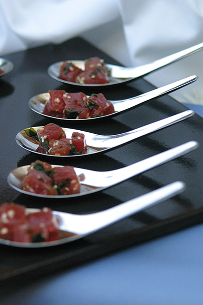 tuna tartar on silver miso soup spoons